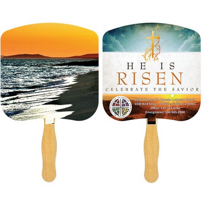Religious Hand Fan/ Shoreline at Sunset with Four Color Process Imprint